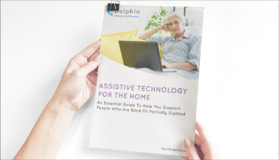 Female hands holding the assistive technology for the home guide.